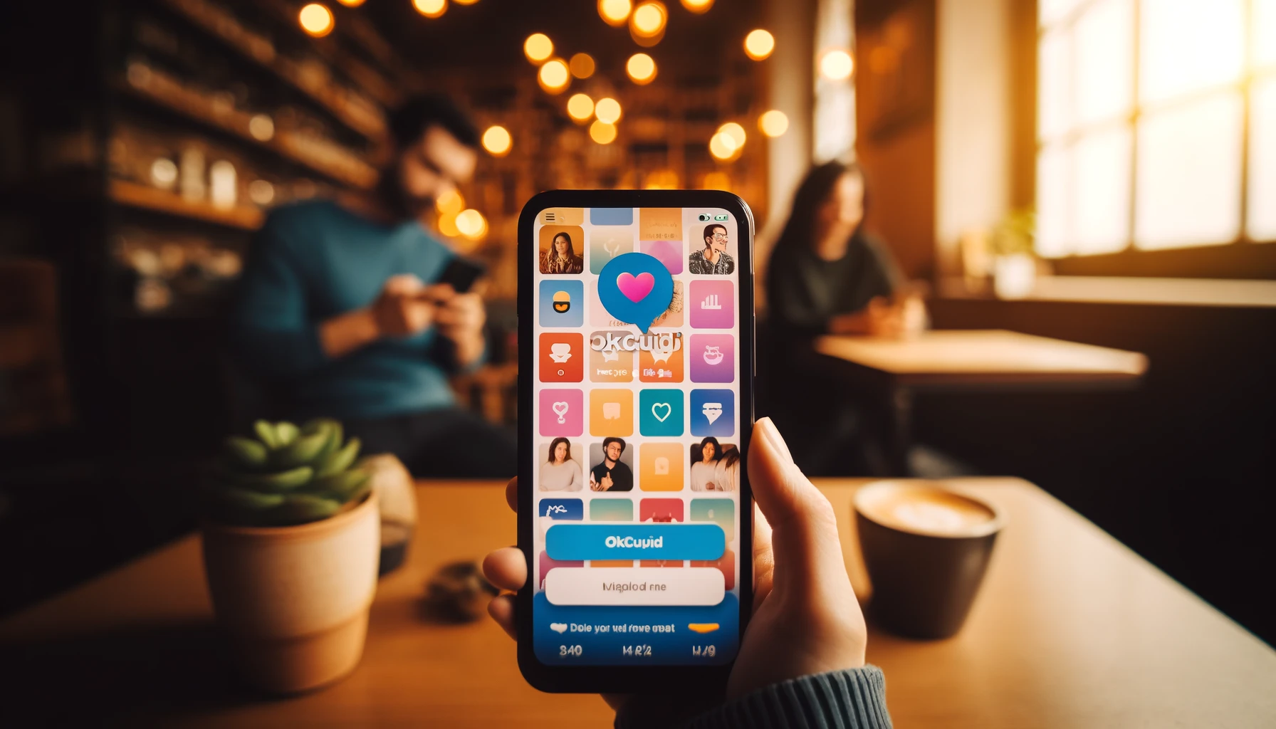 תמונה של צילום מקרוב של סמארטפון המציג את ממשק אפליקציית OKCupid בסביבה נעימה של בית קפה. ניתן לראות את פרופילי המשתמשים הצבעוניים ובבועות הצ'אט, כשברקע זוג שמוסיף לאווירה הנינוחה והמזמינה של הסצנה.