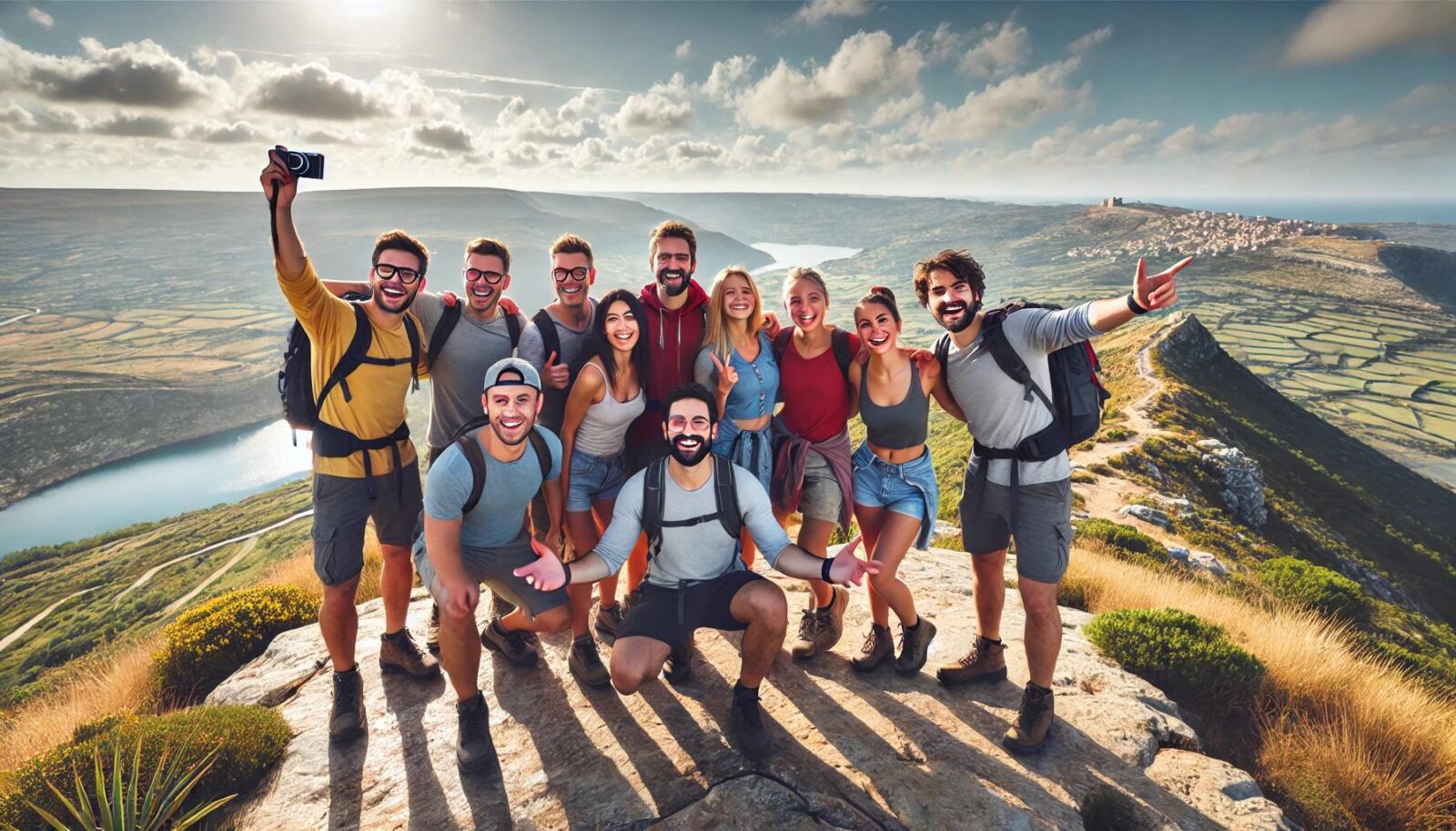 קבוצת אנשים נהנית מנוף מרהיב בטיול