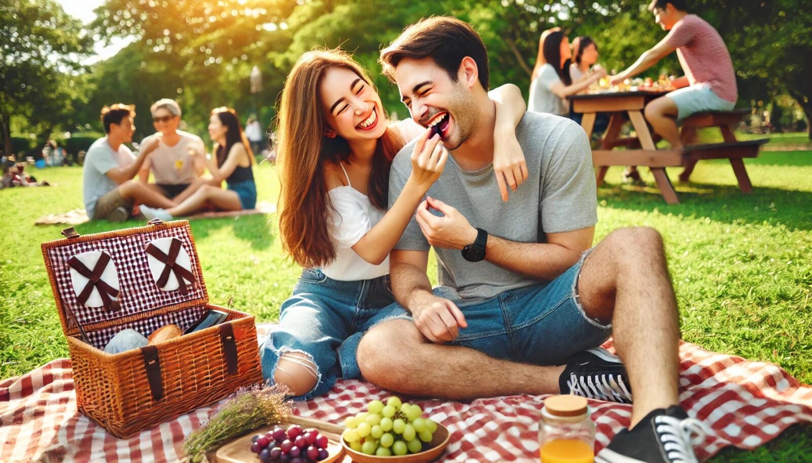 גבר ואישה צוחקים יחד בפיקניק