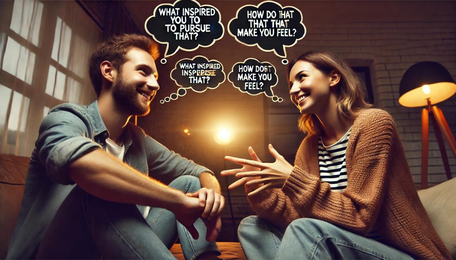 זוג מנהל שיחה עמוקה עם שאלות פתוחות ועניין אמיתי