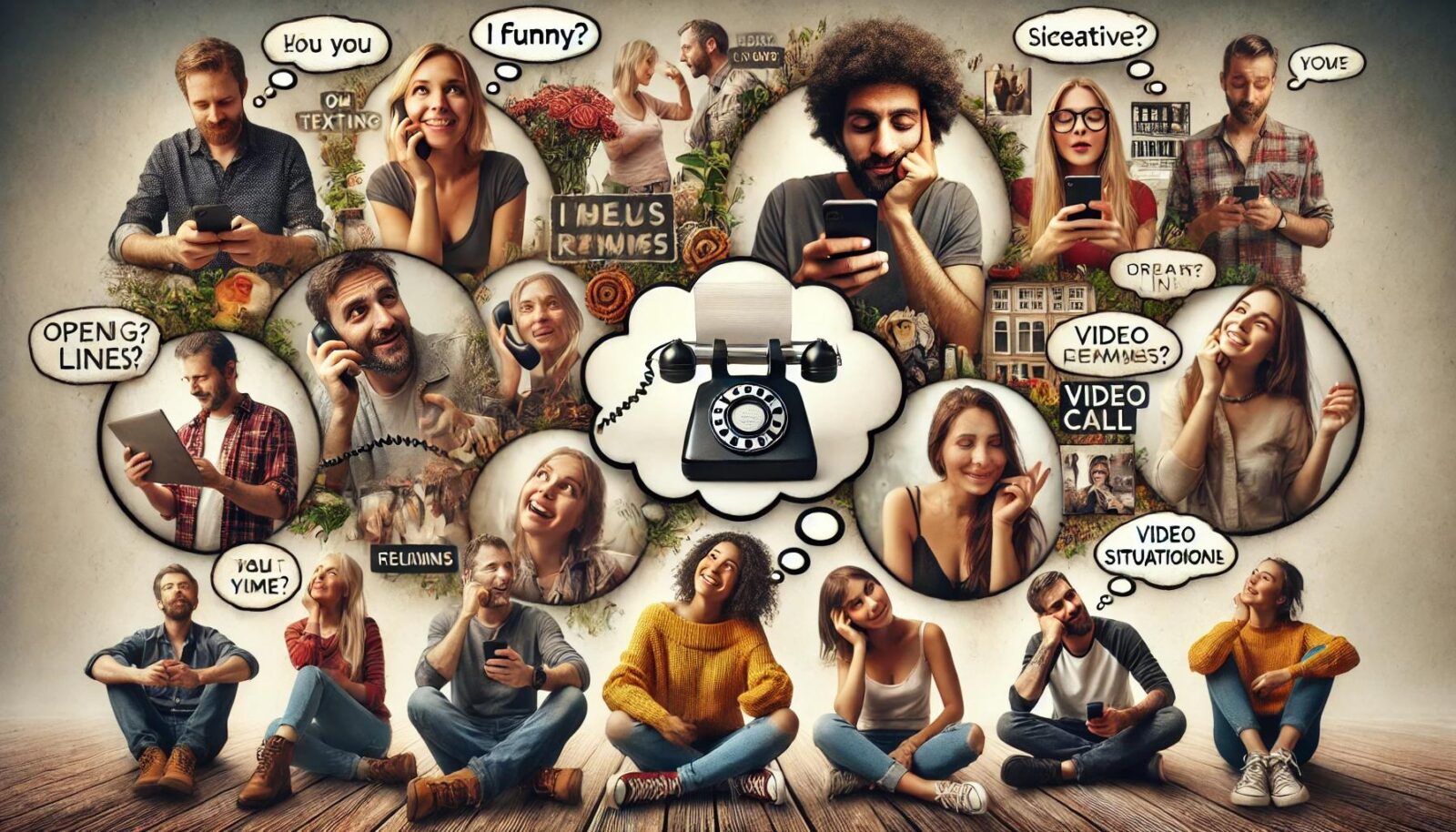 אנשים מגוונים משתמשים בשיטות תקשורת שונות עם בועות מחשבה המכילות משפטי פתיחה