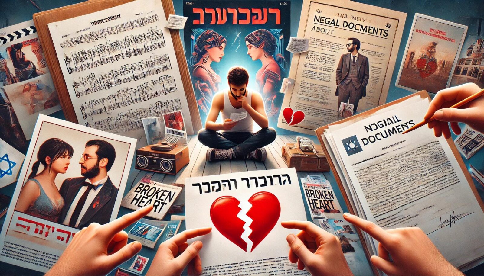 קולאז' הכולל מוזיקה סרטים ומסמכים משפטיים הקשורים לשברון לב בישראל