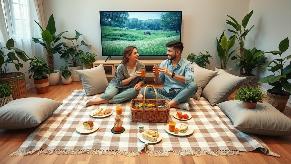 זוג נהנה מפיקניק על שמיכה בסלון עם אוכל קל