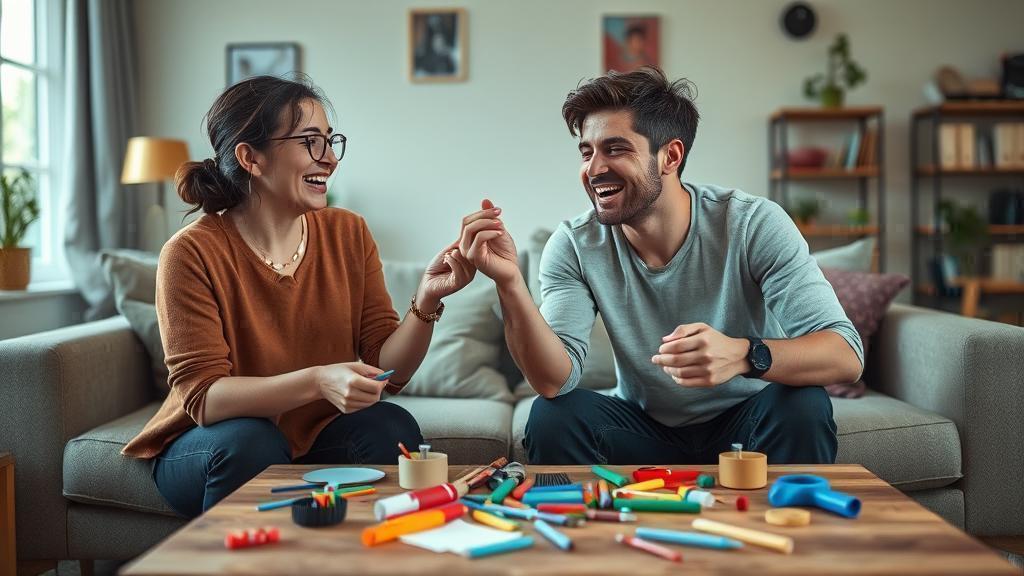 זוג עוסק בפעילות יצירתית משותפת בסלון ביתם