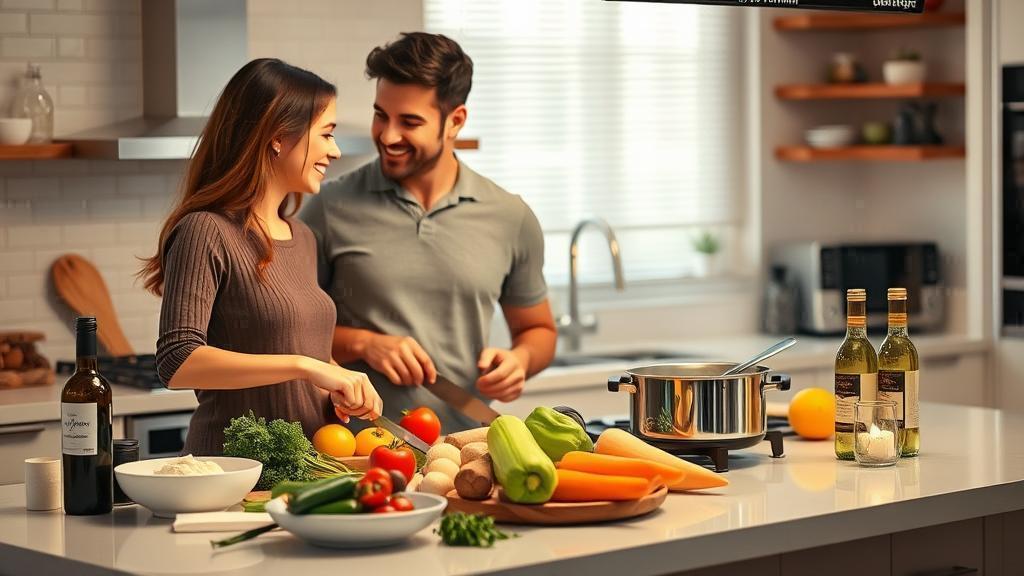 זוג מבשל יחד במטבח באווירה רומנטית