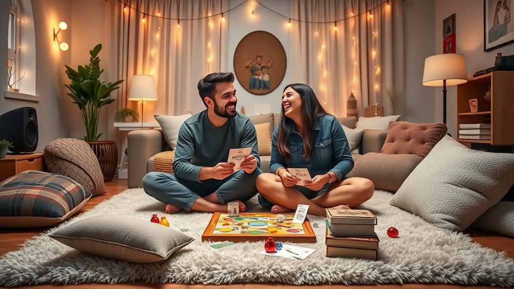 זוג משחק משחק לוח זוגי עם שאלות מצחיקות בערב משחקים