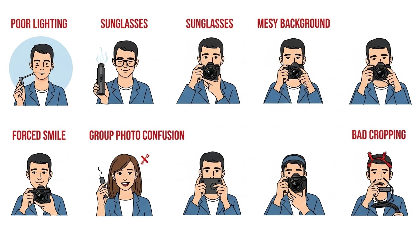 דוגמאות לטעויות נפוצות בתמונות פרופיל - מה להימנע ממנו בצילום לאפליקציות דייטינג