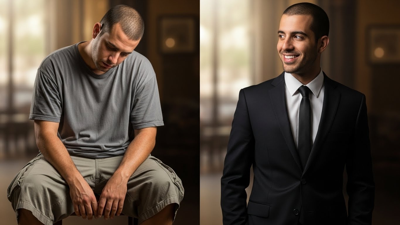 לפני ואחרי - אותו גבר, שני לבושים שונים, תוצאות שמימיות וקרקע