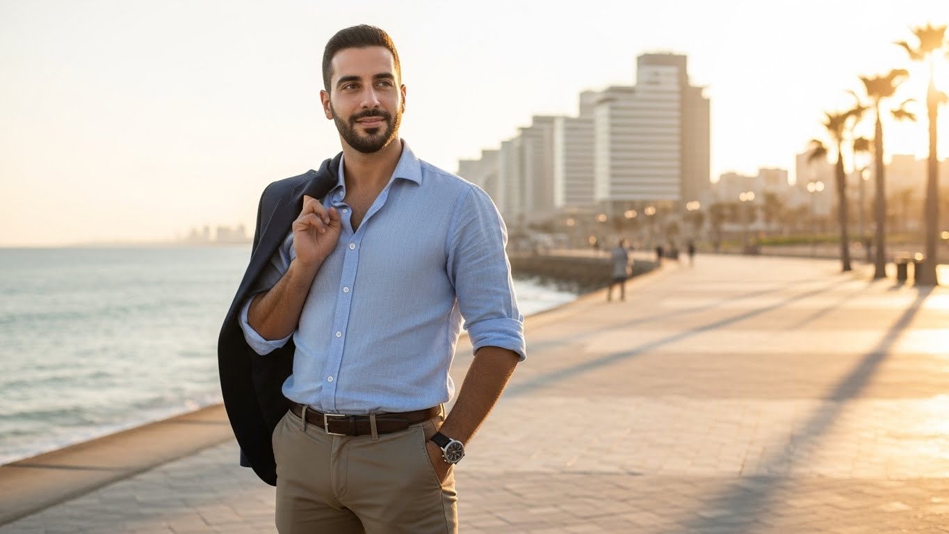 צילום מקצועי לאפליקציות דייטינג ברקע ישראלי מוכר - הטיילת בתל אביב