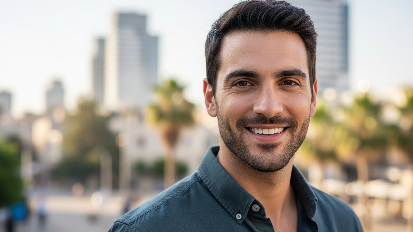 צילום פורטרט מקצועי לפרופיל דייטינג - תאורה מושלמת וזווית מחמיאה שמדגישה תווי פנים