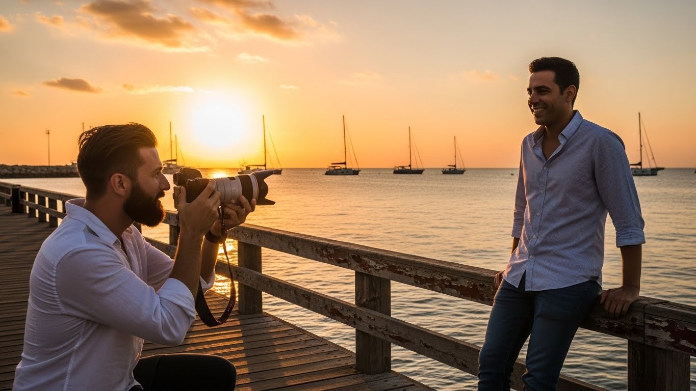 שעת הזהב בנמל תל אביב - התאורה הטבעית המושלמת לתמונות פרופיל