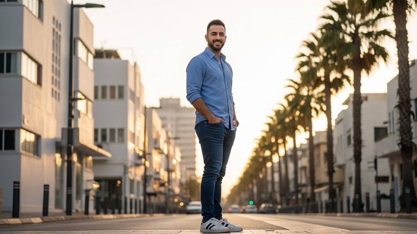 תמונת גוף מלא בסביבה אורבנית - הוכחה שאין מה להסתיר בצילום לטינדר