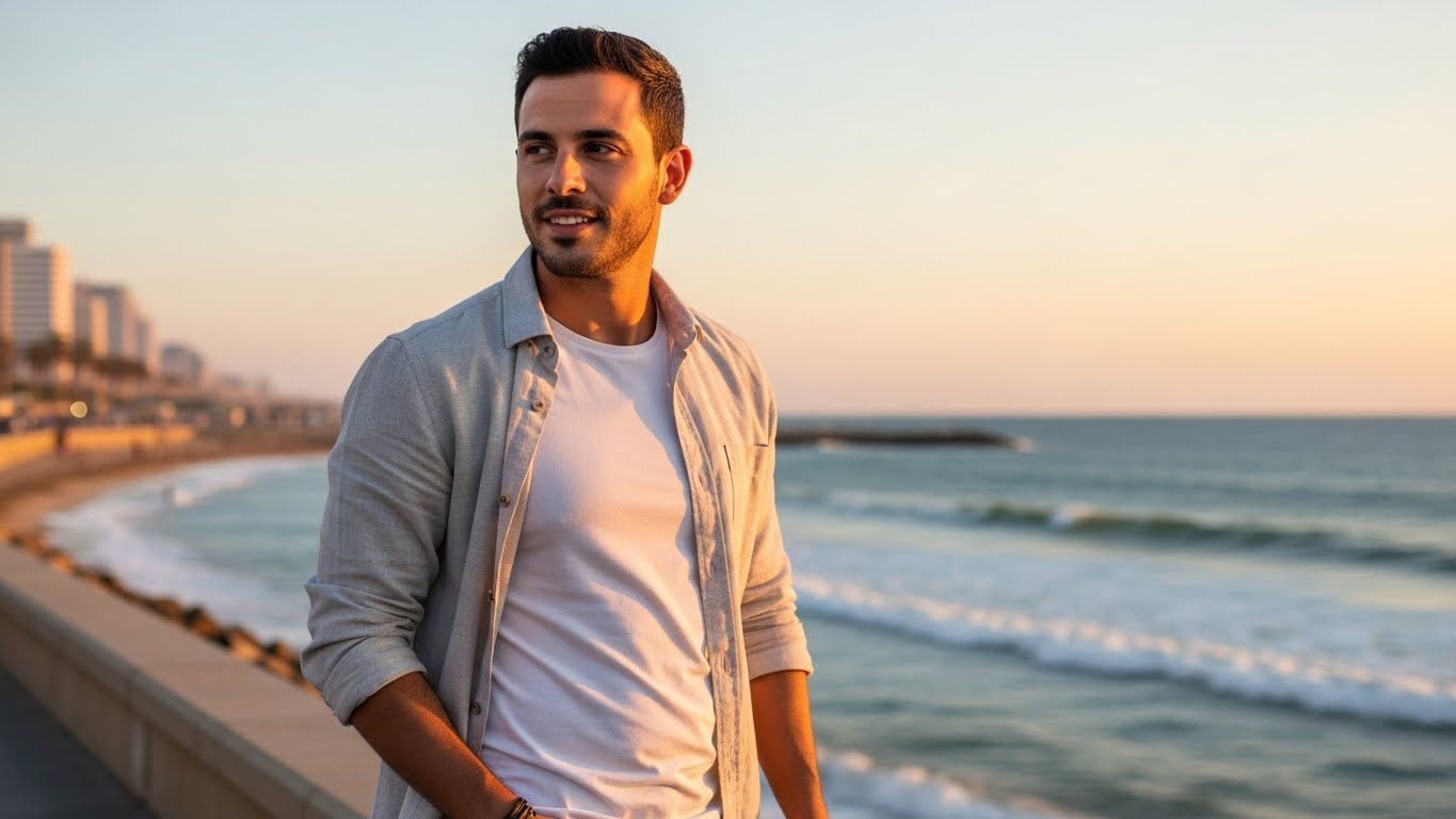 תמונת פרופיל בשעה הזהובה בטיילת תל אביב - תאורה מושלמת לאפליקציות הכרויות