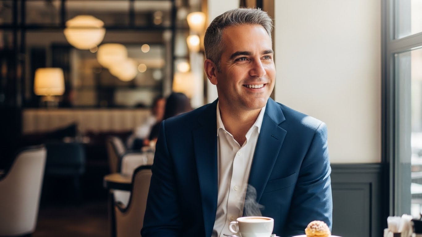 גבר ישראלי מעל גיל 35 בסטיילינג מקצועי במסעדה איכותית - דוגמה לצילום לייפסטייל מנצח