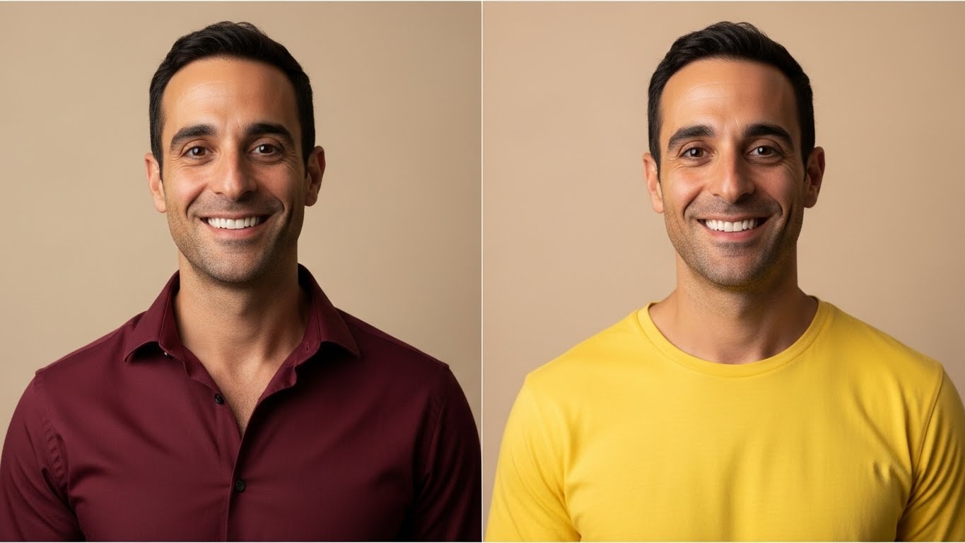 השוואה ויזואלית בין צבעי חולצות שונים - בורדו מול צהוב על אותו רקע, מדגימה את ההשפעה הדרמטית של בחירת הצבע הנכון