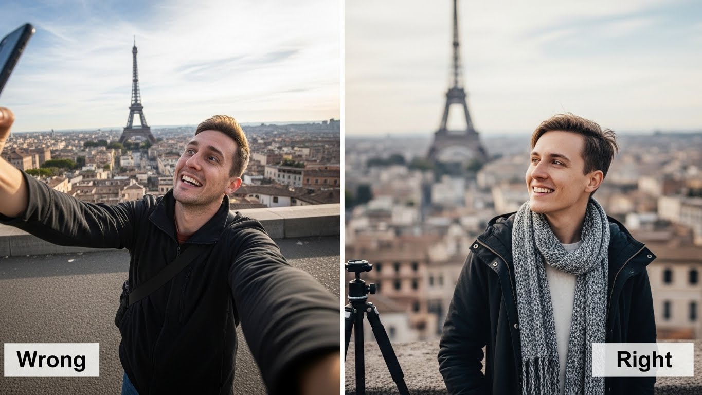 השוואה ויזואלית - תמונת סלפי תיירותית לעומת צילום מקצועי מחושב באותה לוקיישן