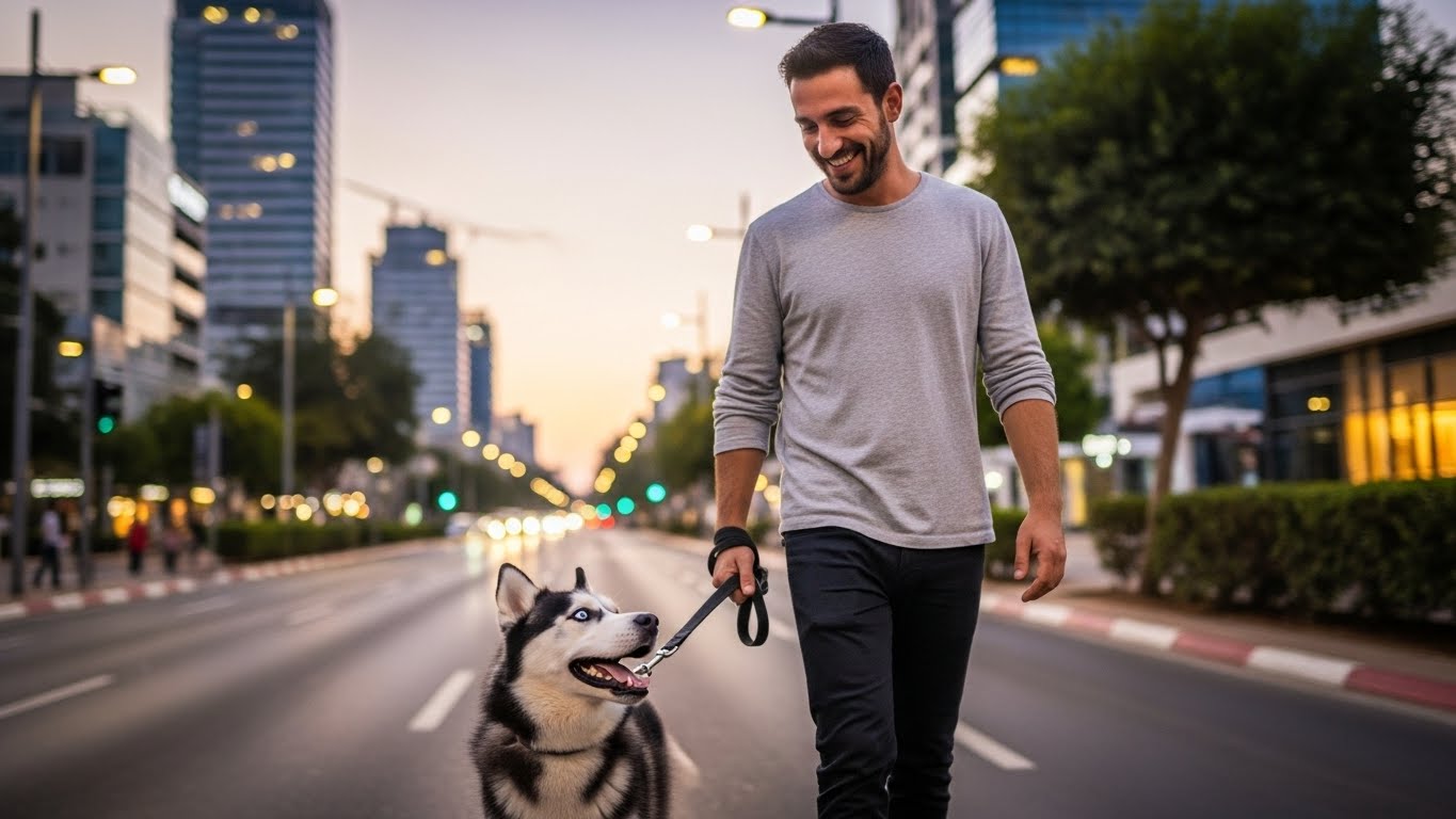טיול ערב בשדרות רוטשילד - צילום לייפסטייל עם חיית מחמד ברקע עירוני יפה