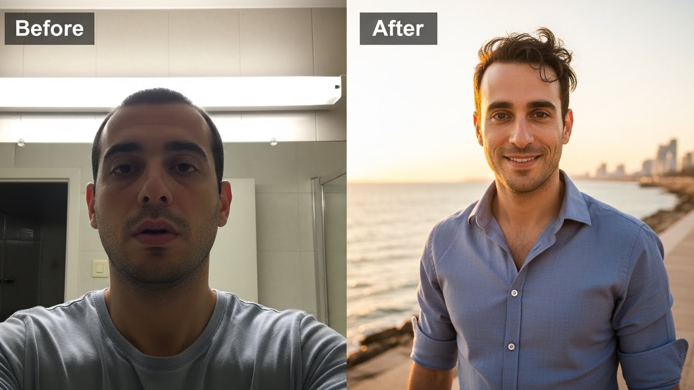 טרנספורמציה מדהימה של דוד - משמאל סלפי אמבטיה עם תאורה קשה, מימין צילום מקצועי בטיילת תל אביב עם תאורה מושלמת וביטחון טבעי