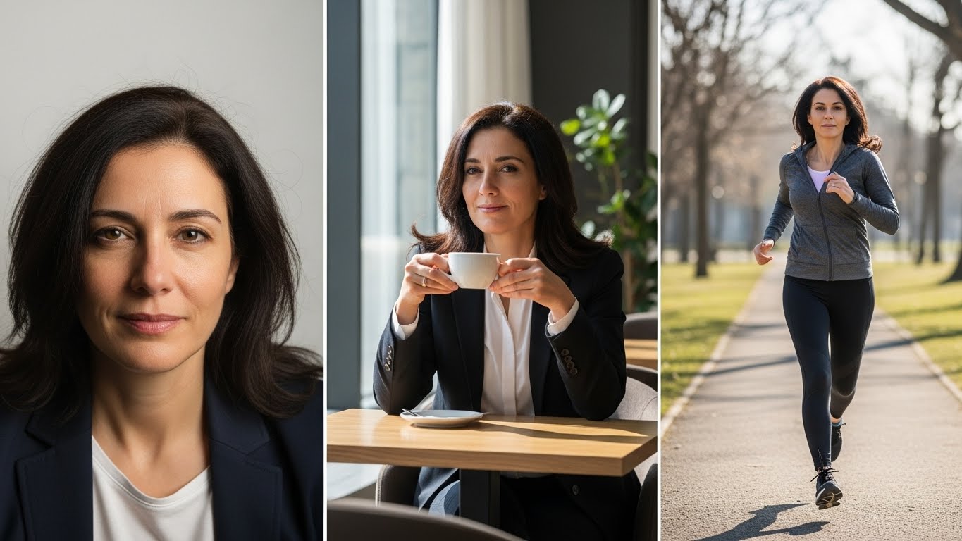 יוני ה-42 - משמאל תמונה שמראה עייפות וגיל, מימין שלושה צילומים מקצועיים שמדגישים הצלחה, סגנון חיים ואנרגיה