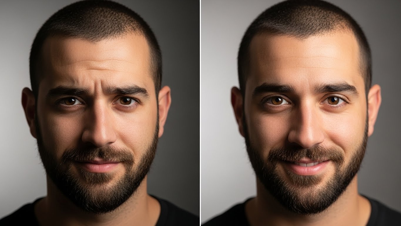 לפני ואחרי תיקון ביטוי פנים - איך שינוי קטן משפר דרמטית את התמונה