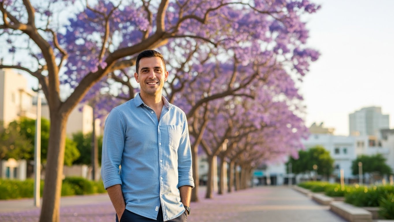 צילום אביב מקצועי עם רקע עצי ג'קרנדה פורחים בתל אביב - תאורה טבעית רכה שמחמיאה לפנים