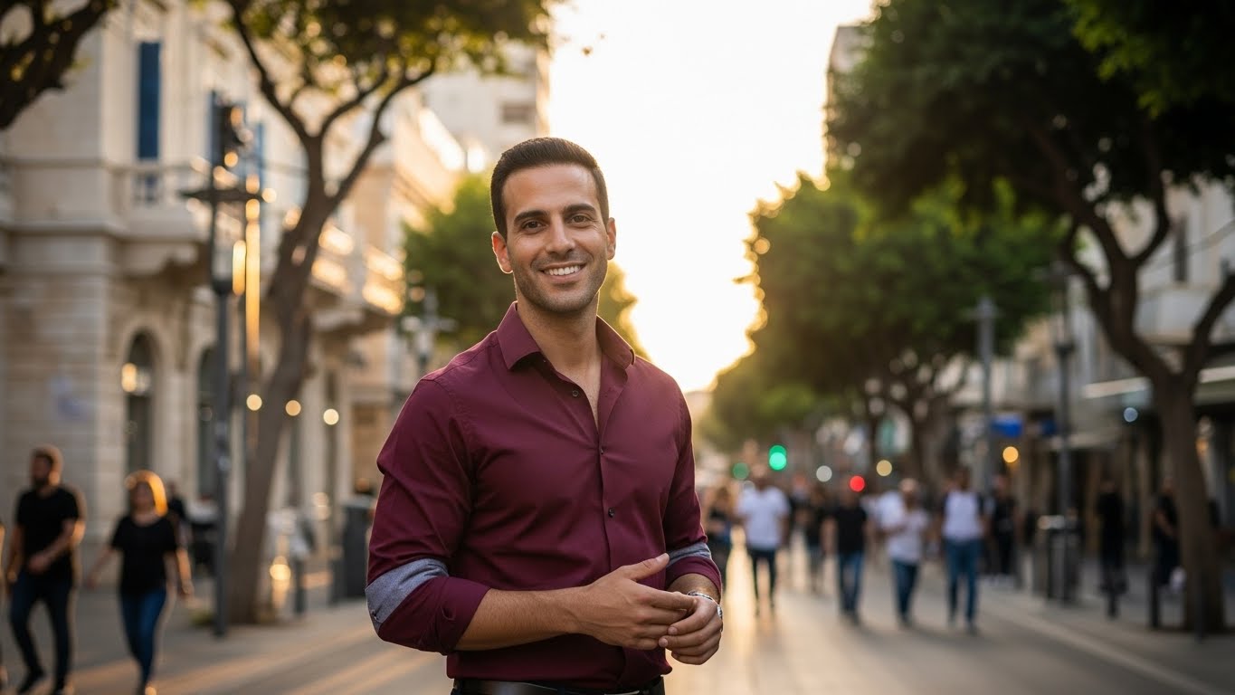 צילום ברוטשילד תל אביב - רקע אורבני מודרני עם חולצה בורדו יוצר שילוב מושך ומעביר תדמית של הצלחה