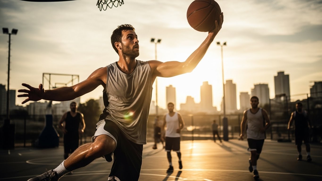 צילום ספורטיבי דינמי של משחק כדורסל מדגים את האנרגיה והאותנטיות הנדרשת בתמונות פרופיל