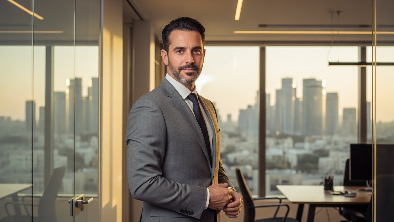 צילום פורטרט מקצועי לגבר בגיל 40 בסביבה עסקית - מקרין הצלחה ויציבות