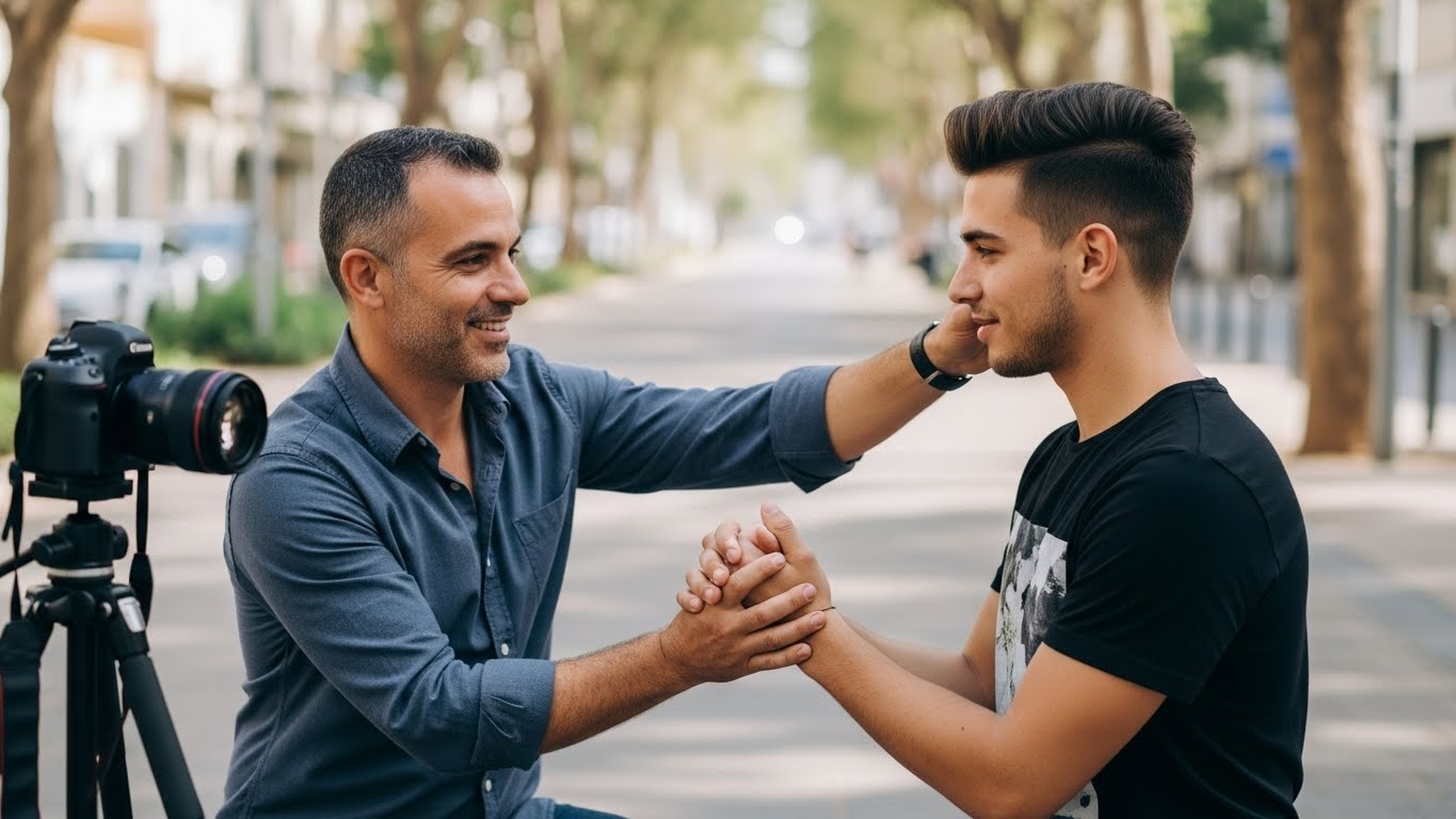 צלם מקצועי מדגים פוזות נכונות ללקוח בשדרות רוטשילד - צילום לאפליקציות דייטינג דורש ליווי והנחייה אישית