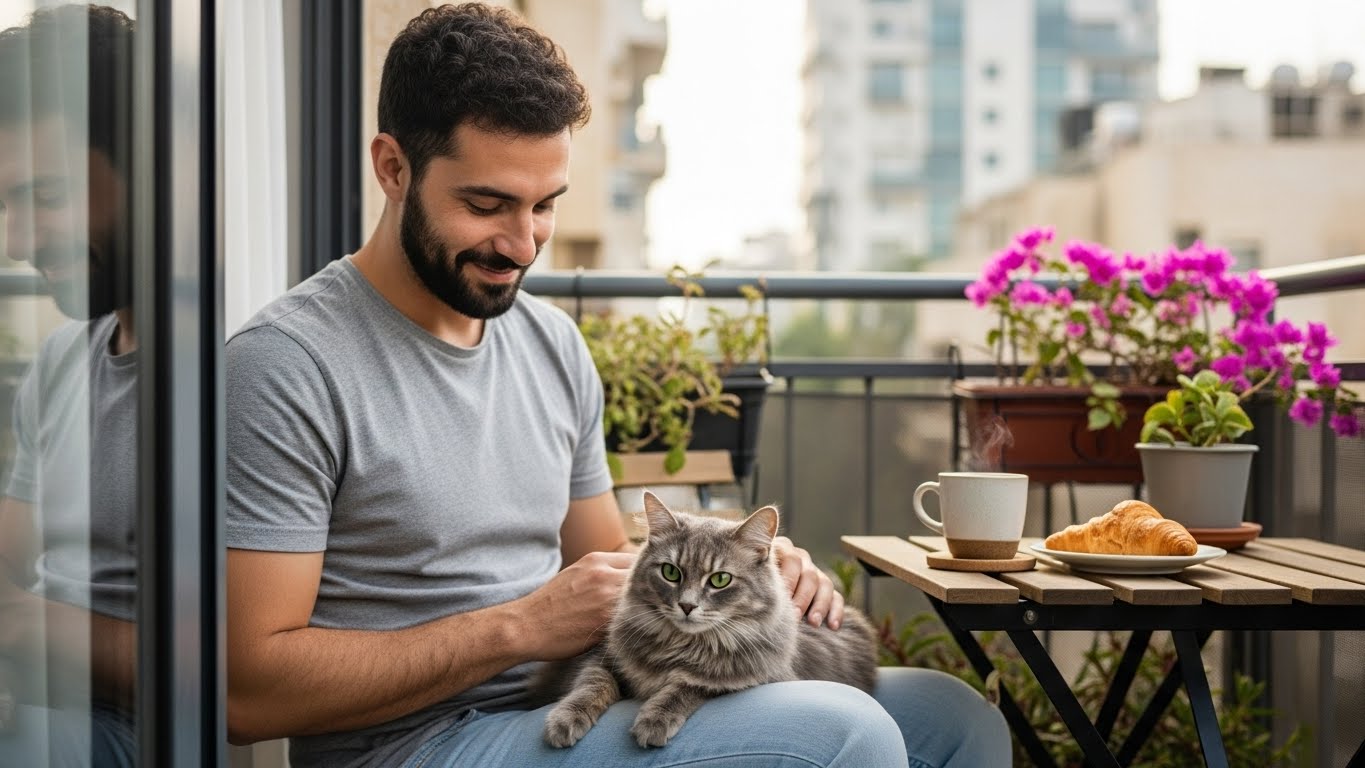 רגע אינטימי עם חתול במרפסת - צילום שמדגיש קשר אמיתי ורגישות