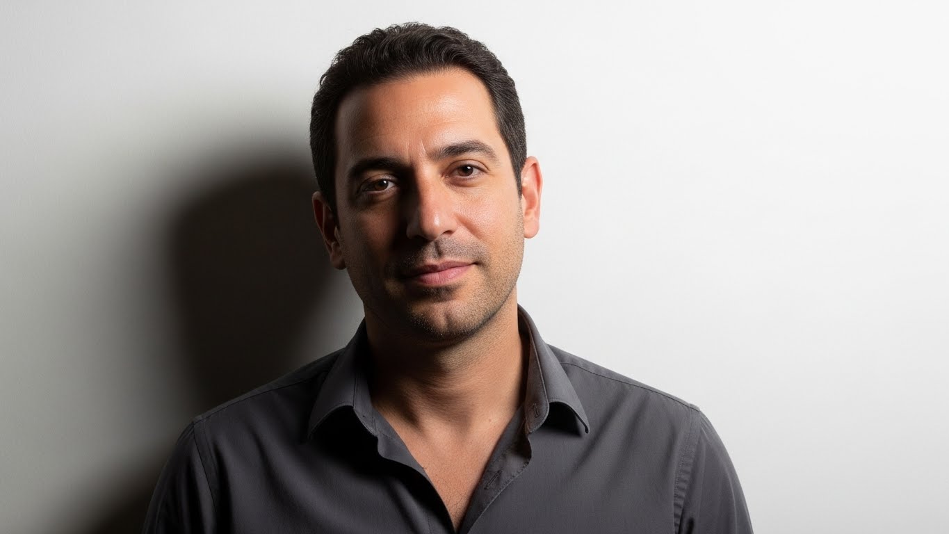 רקע מינימליסטי נקי - אפור כהה על רקע לבן מעביר ביטחון עצמי ומאפשר לאישיות לבלוט