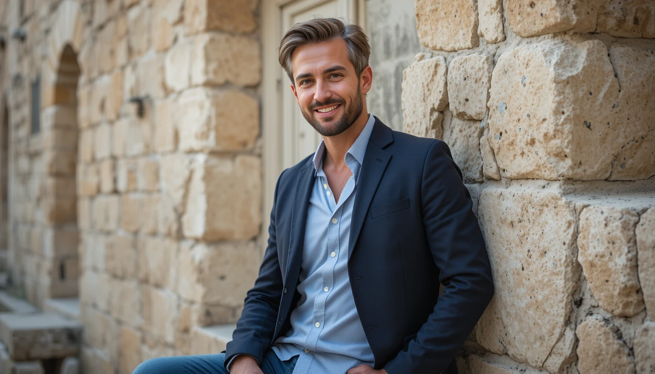 תוצאה מושלמת של גבר ביישן שעבר תהליך צילום מקצועי - ביטחון טבעי וחיוך אמיתי