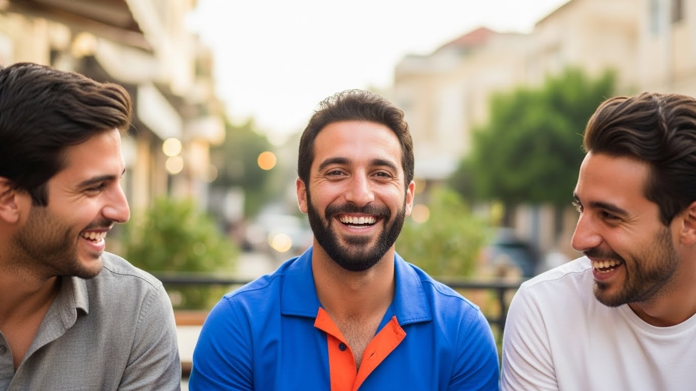 תמונה קבוצתית מוצלחת - הגבר המרכזי בולט בבירור, מקסימום 3 אנשים, הקשר חברתי חיובי