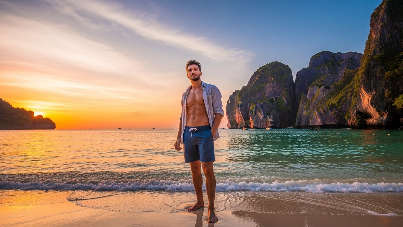 תמונת חוף באיים התאילנדיים - שילוב מושלם של נוף אקזוטי, תאורת שקיעה ולבוש קז'ואל מסודר