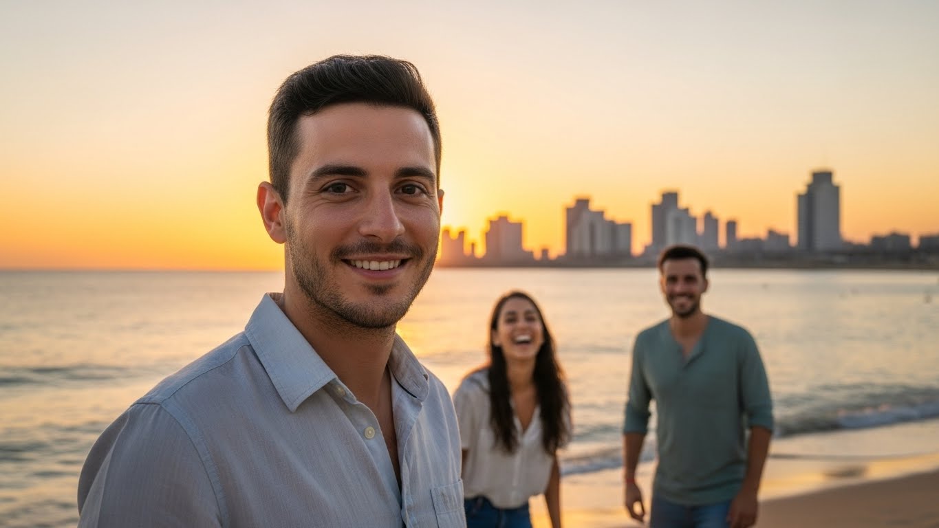 תמונת קבוצה נכונה - הגבר בפוקוס ברור, חברים ברקע מוסיפים אווירה חברתית