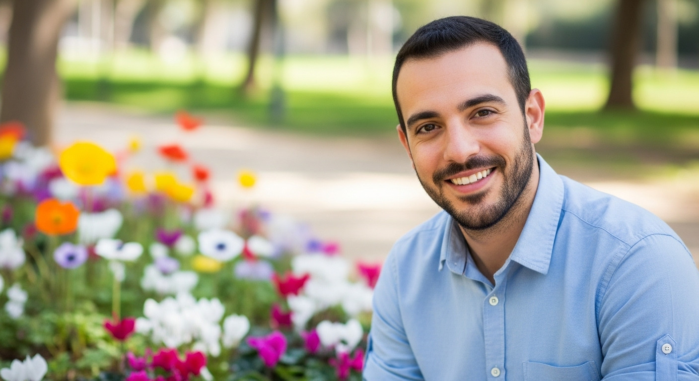 גבר בחולצה כחולה לצילום פרופיל אביבי