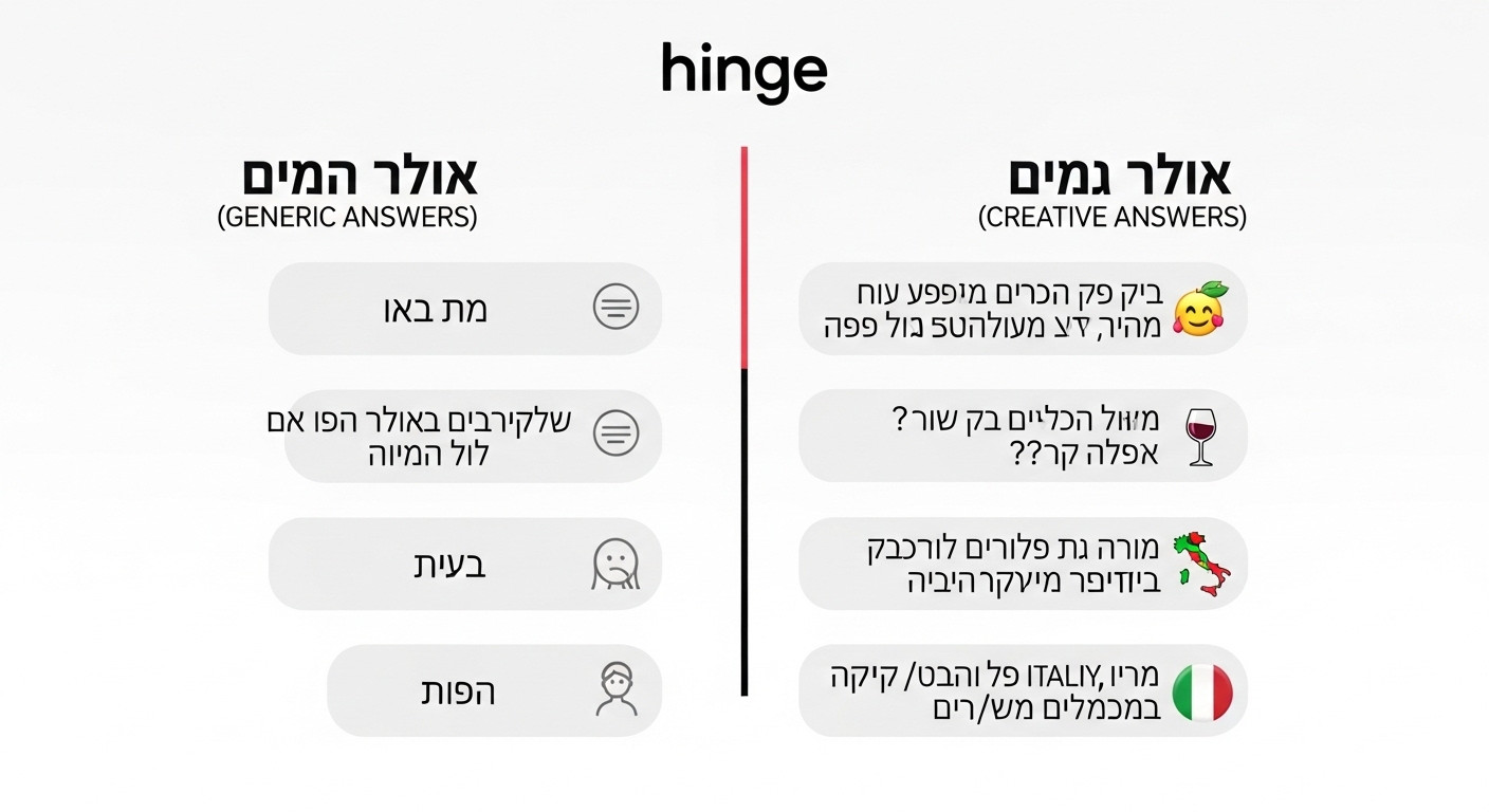 השוואה בין תשובות חלשות לתשובות חזקות ל-Hinge Prompts - מה עובד ומה לא בישראל