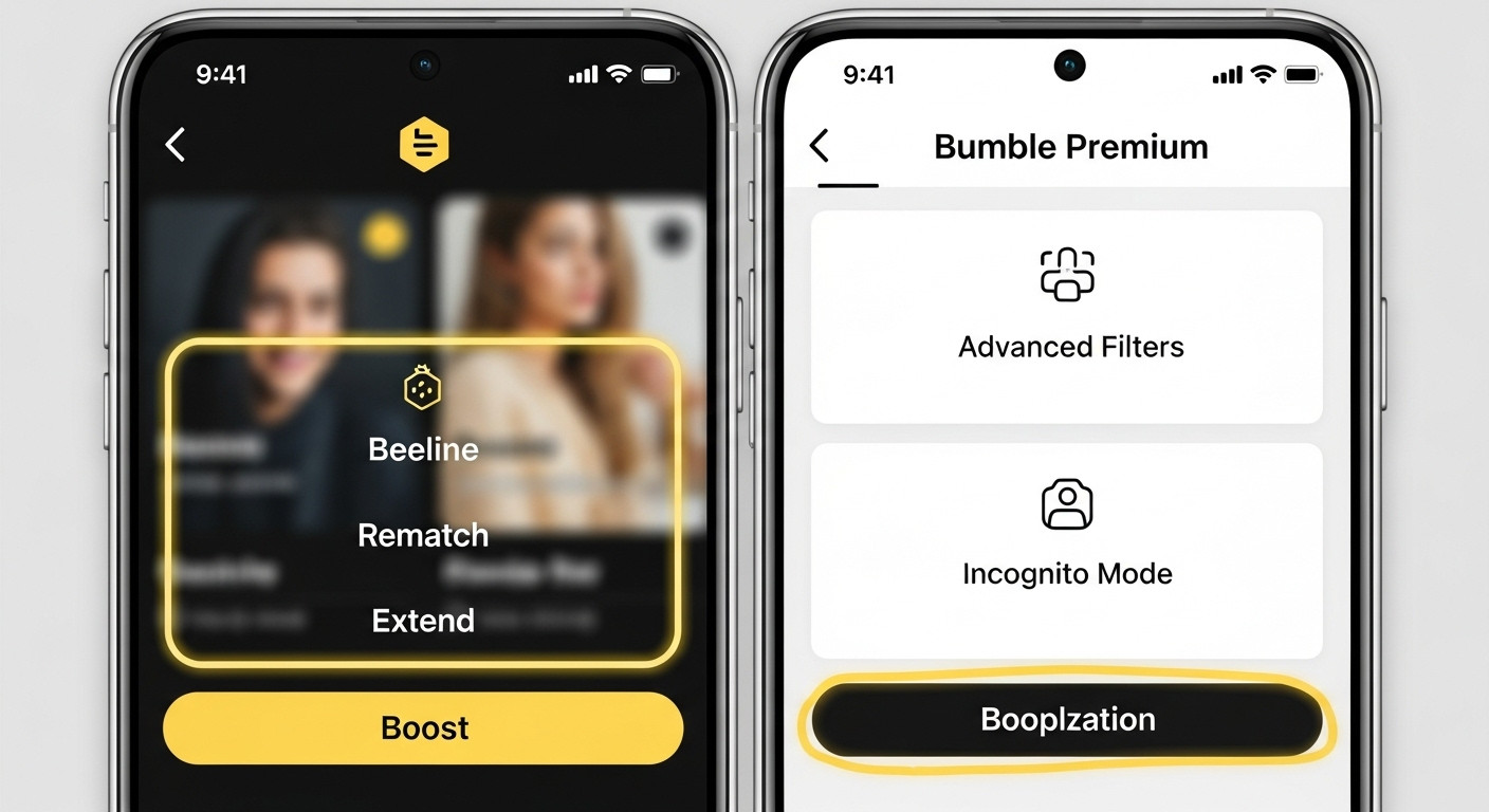 השוואה חזותית בין תכונות Bumble Boost ל-Premium במסך מפוצל