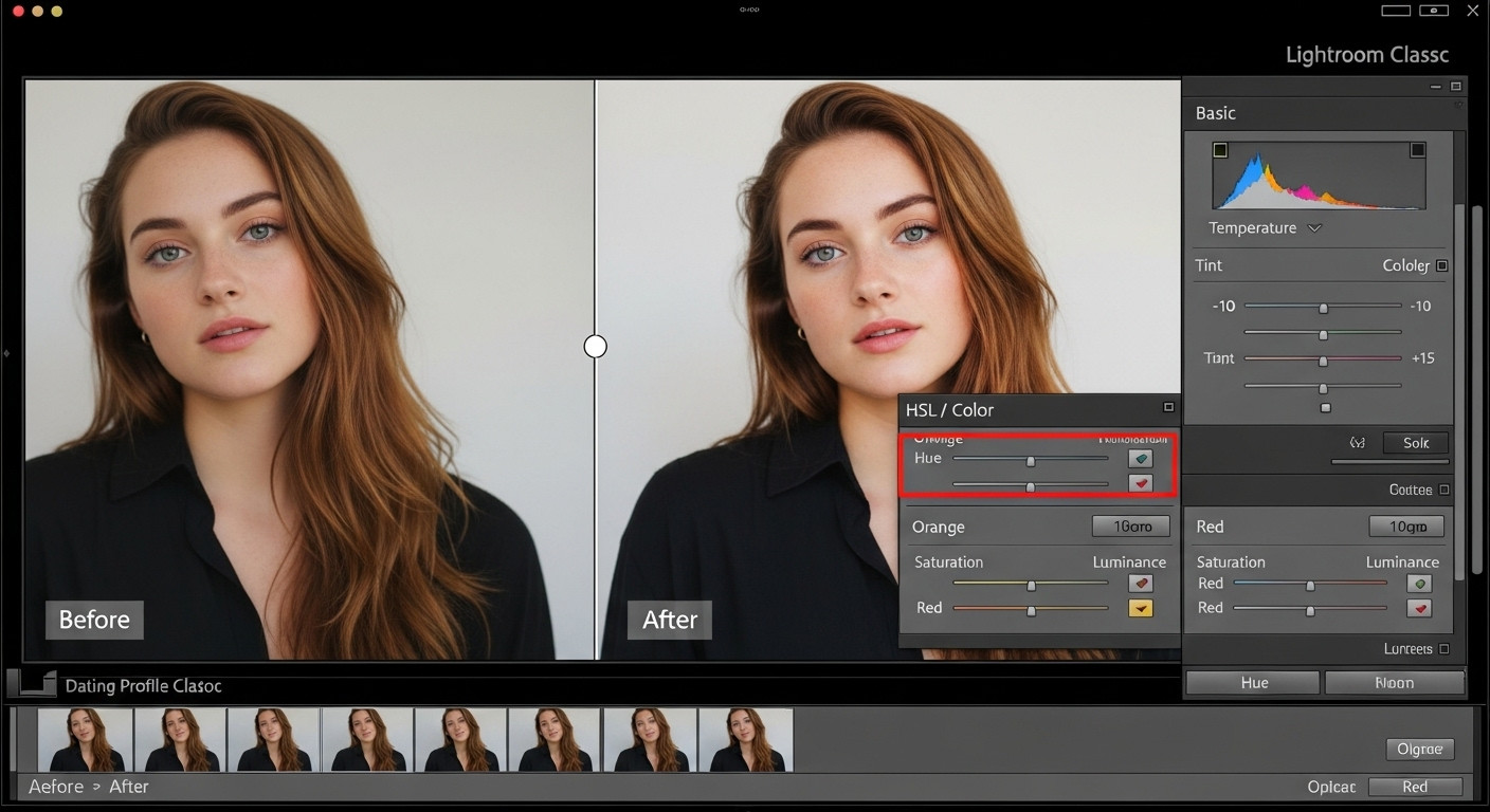 ממשק Lightroom - התאמת Temperature ו-Tint לתיקון גוון עור בתמונות דייטינג