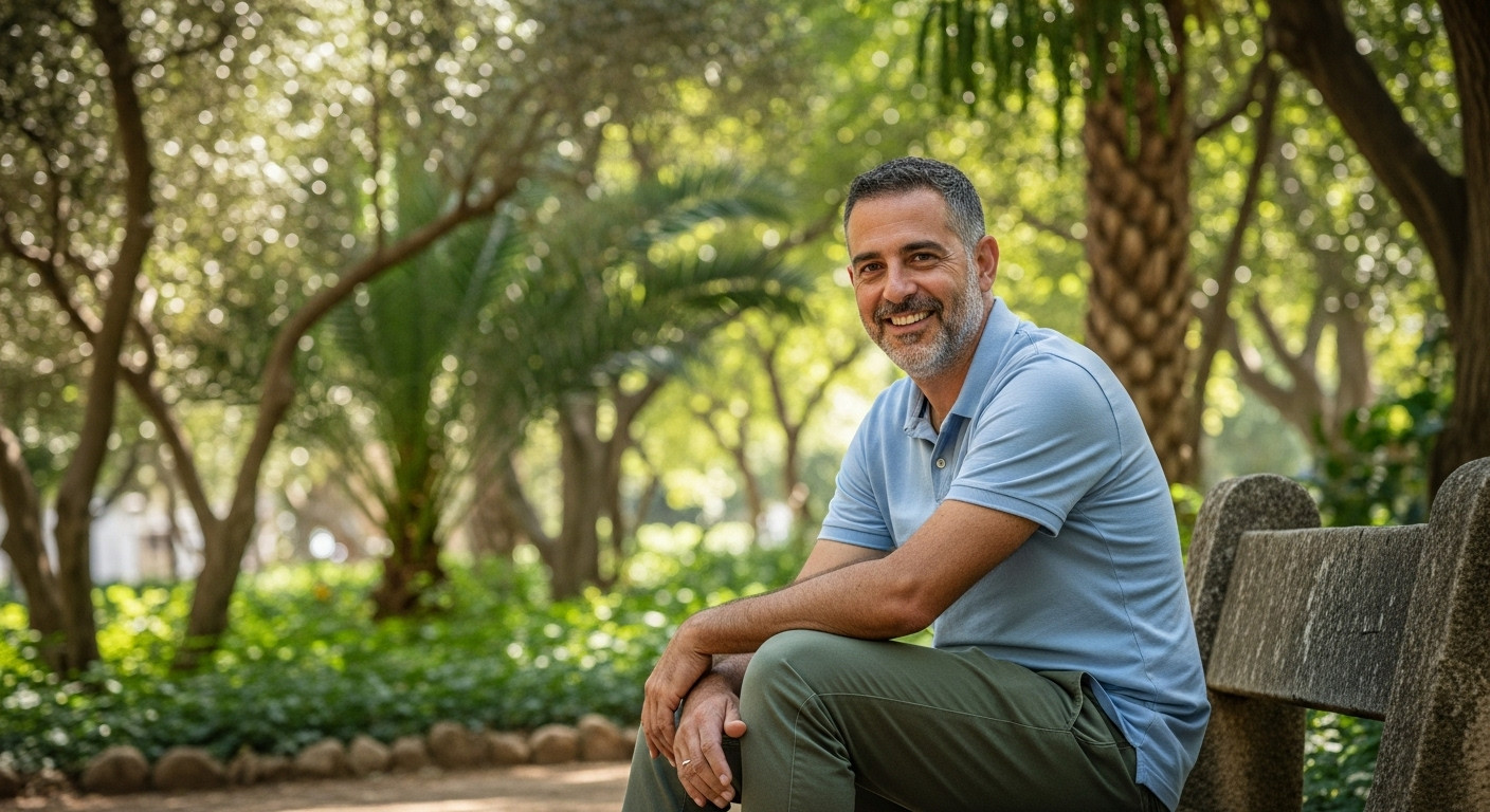 תמונת דייטינג בלבוש צנוע בפארק - סגנון מקובל לגברים דתיים לייט