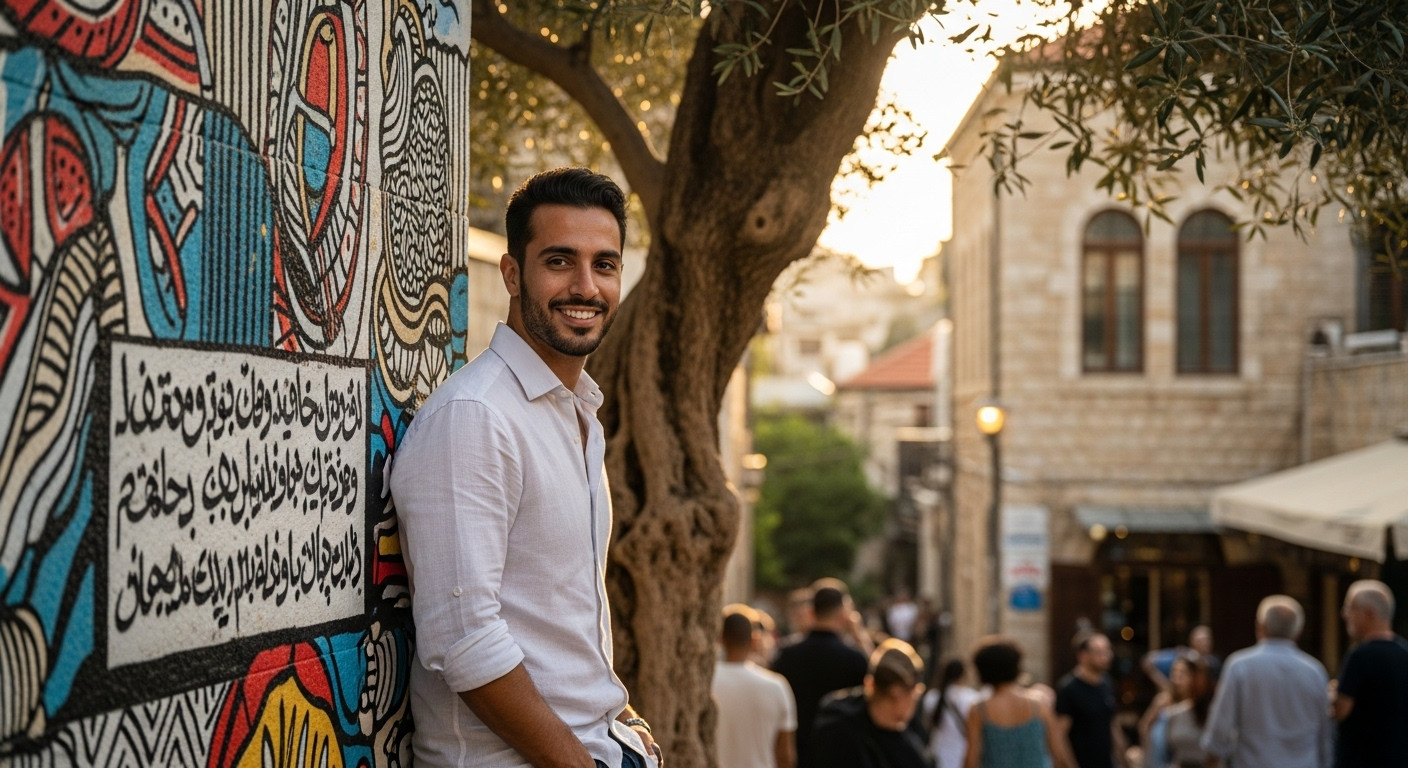 תמונת פרופיל דייטינג בשכונת וואדי ניסנאס בחיפה עם רקע של אמנות רחוב צבעונית