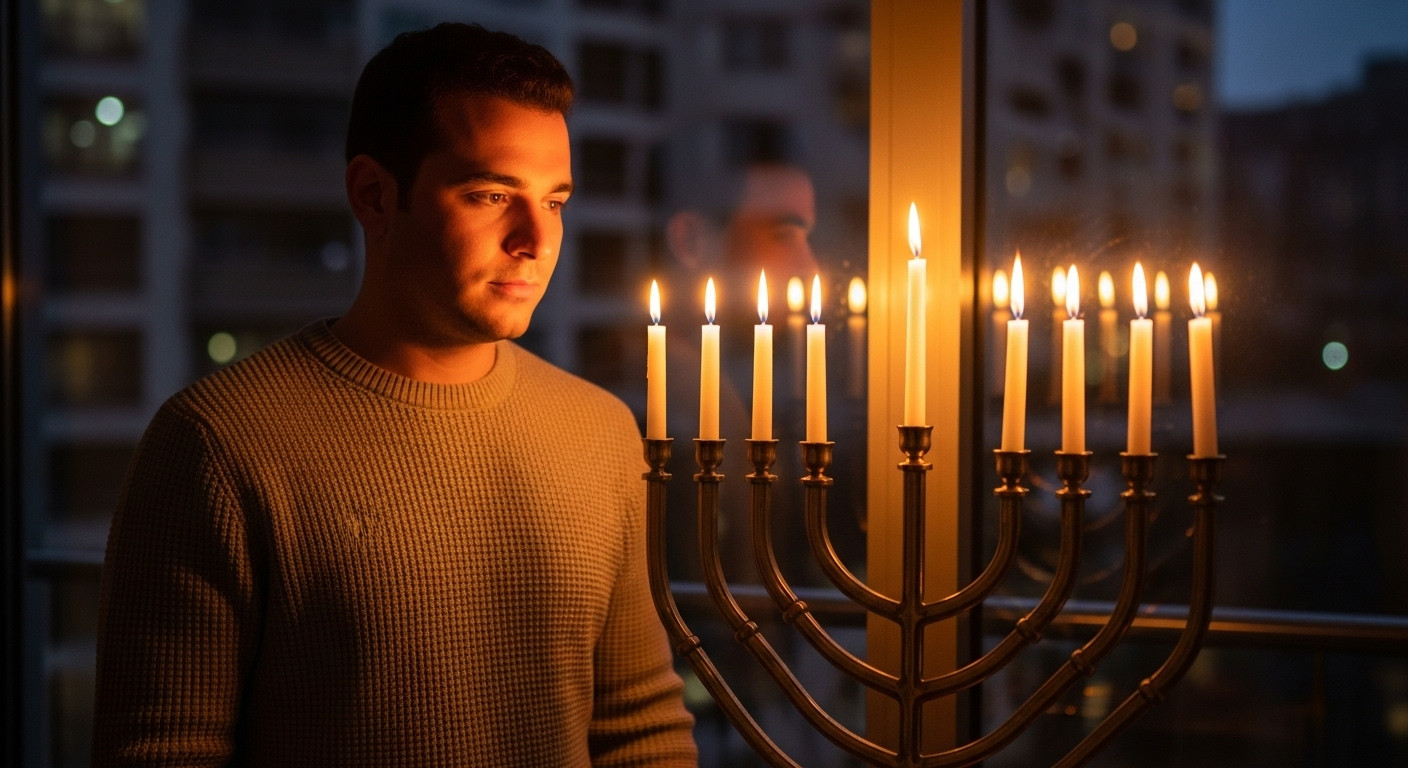 תמונת פרופיל גבר בחנוכה עם חנוכייה בתאורה חמה