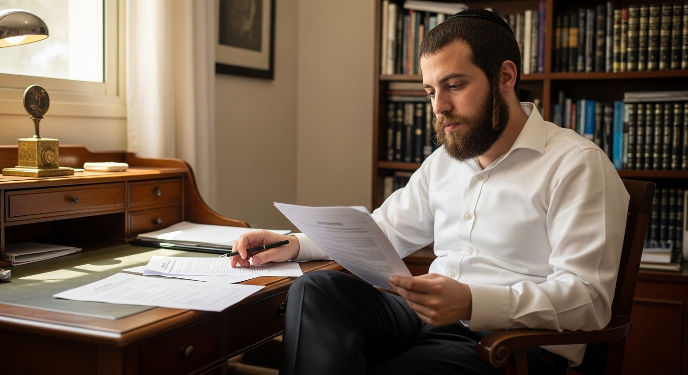 גבר חרדי עובר על רזומה שידוך לפני הכרויות לחרדים
