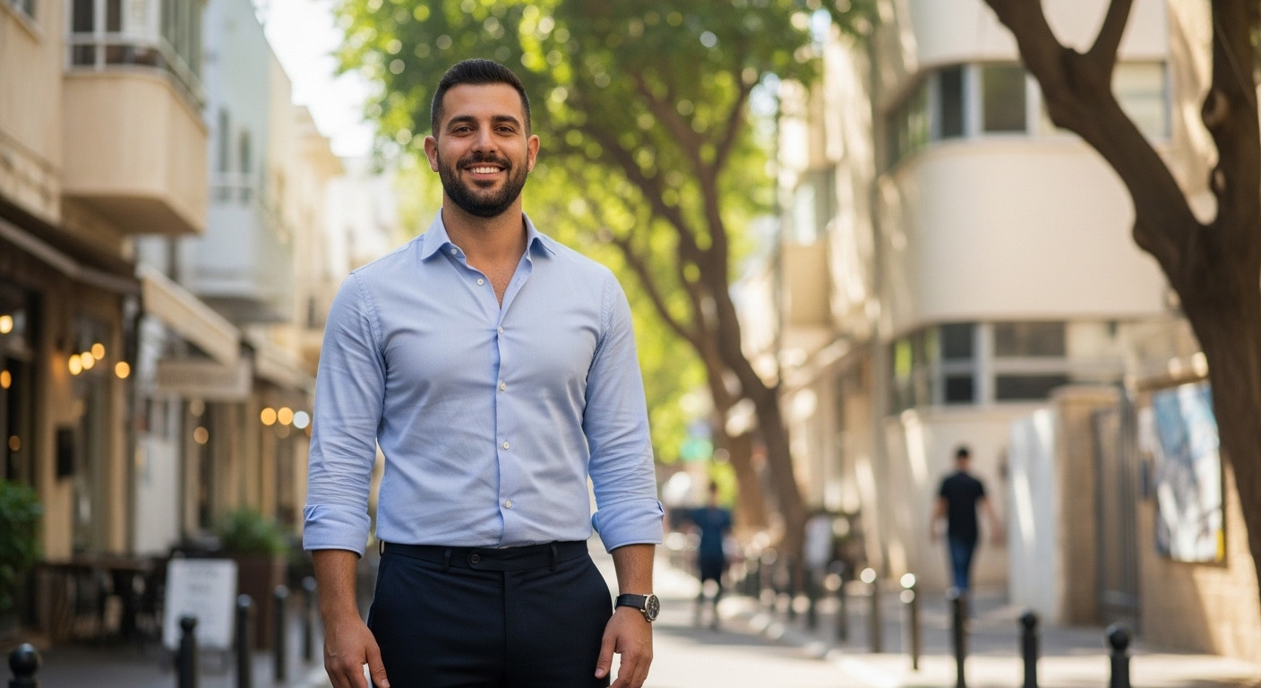גבר ישראלי בטוח בעצמו עם לבוש מטופח לפרופיל הכרויות