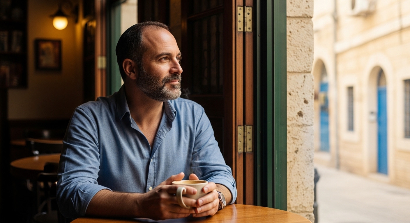 גבר ישראלי גרוש יושב בבית קפה ומהרהר על הצעד הבא בחיים שלו