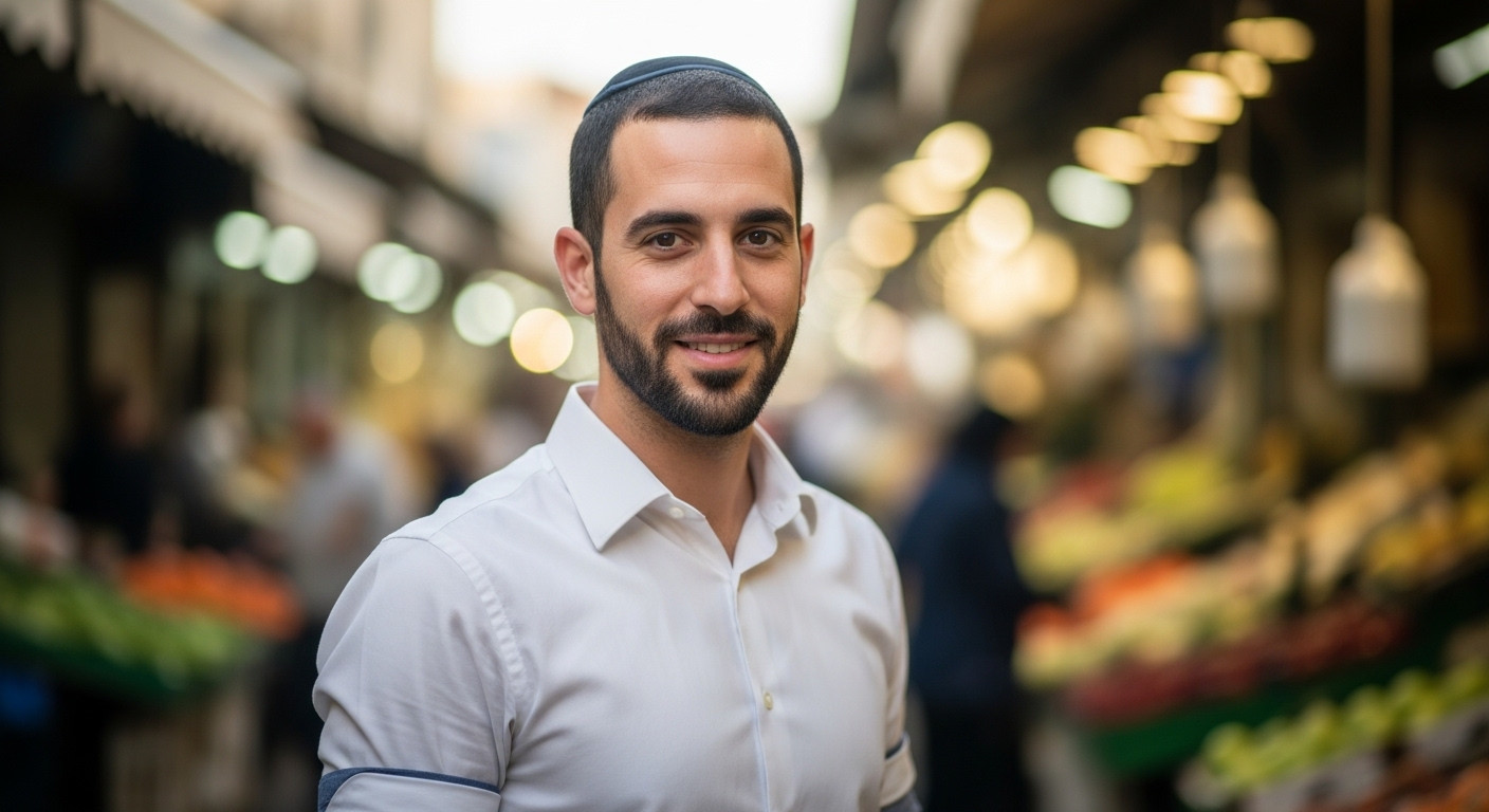 גבר ישראלי חוזר בתשובה מצטלם בשוק מחנה יהודה בירושלים לפרופיל הכרויות