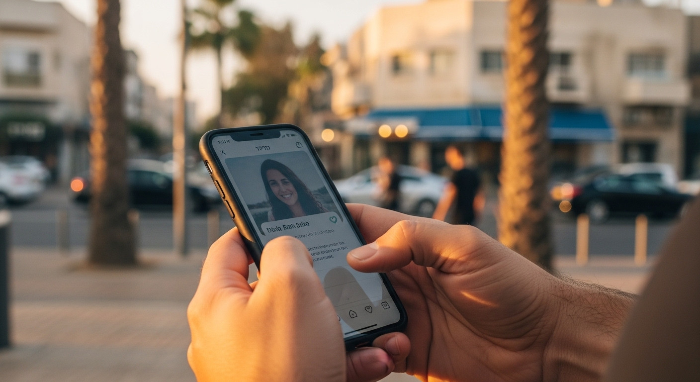 גבר ישראלי מחזיק טלפון עם פרופיל דייטינג באפליקציה
