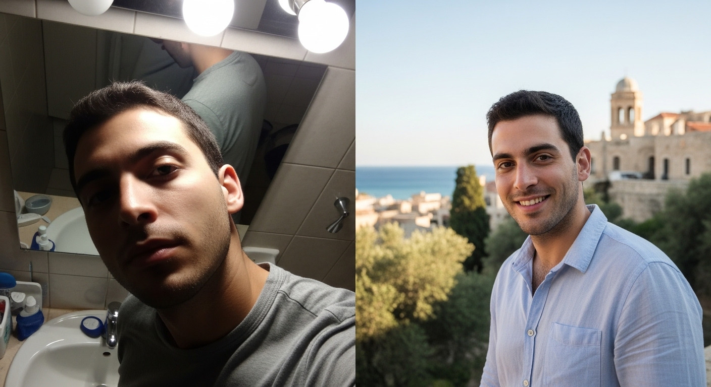 השוואה בין תמונת פרופיל חובבנית לתמונה מקצועית לאפליקציות הכרויות