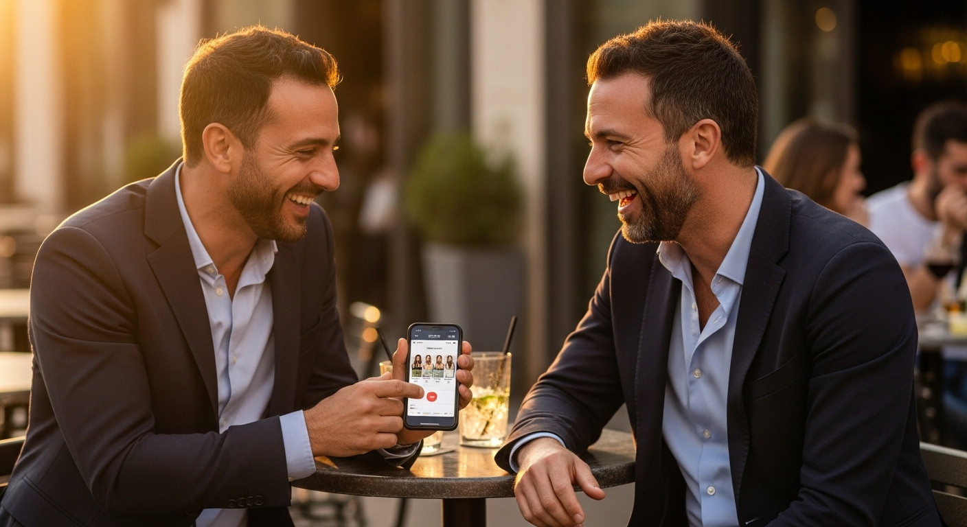 שני גברים ישראלים מדברים על אפליקציות הכרויות ומחייכים באווירה קלילה