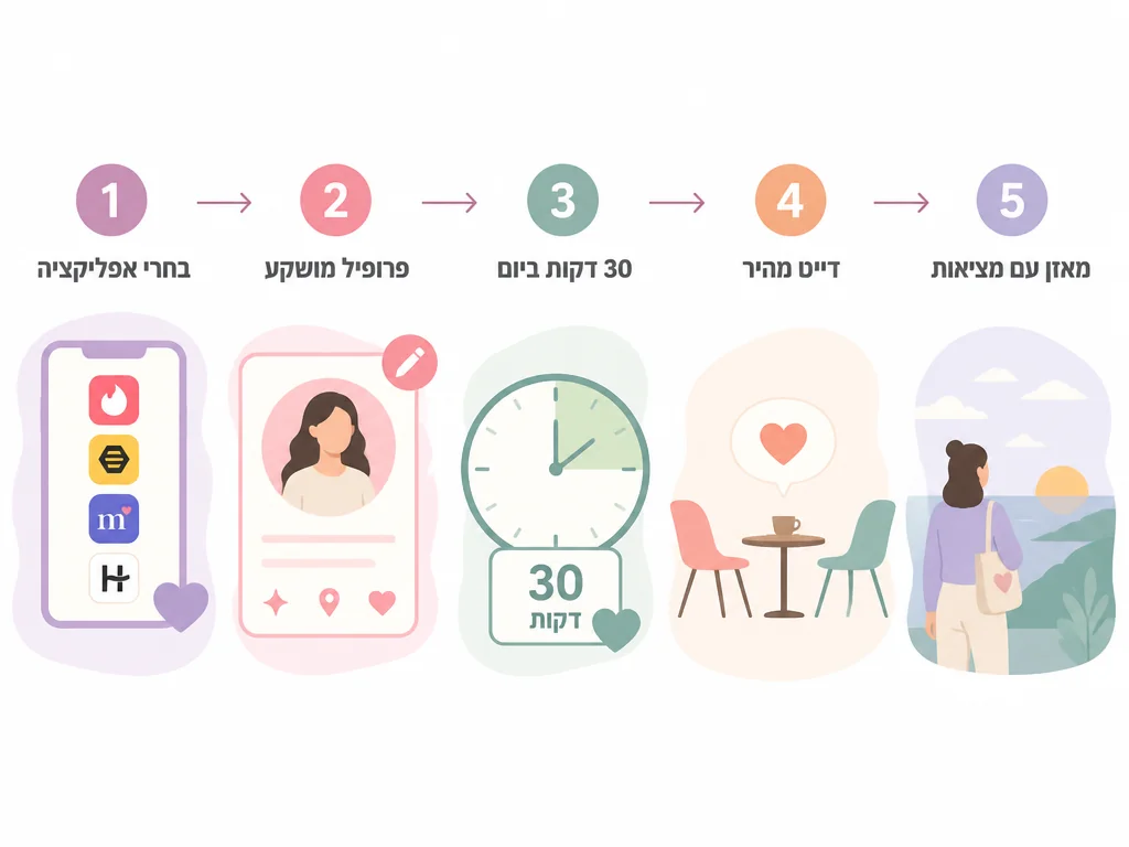 דיאגרמה המציגה 5 שלבים לאסטרטגיה חכמה באפליקציות הכרויות